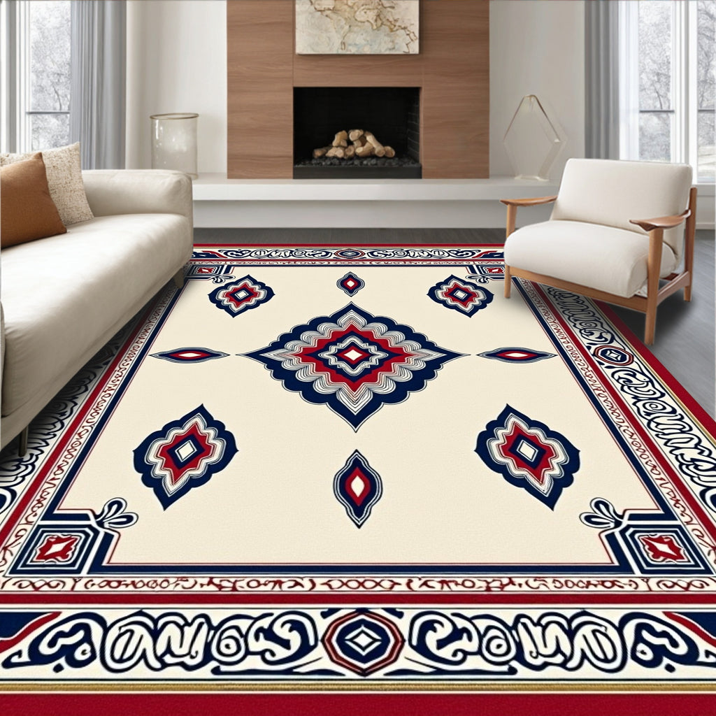 Cream Red Blue Geometric Medallion Rug