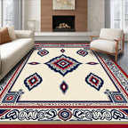 Cream Red Blue Geometric Medallion Rug