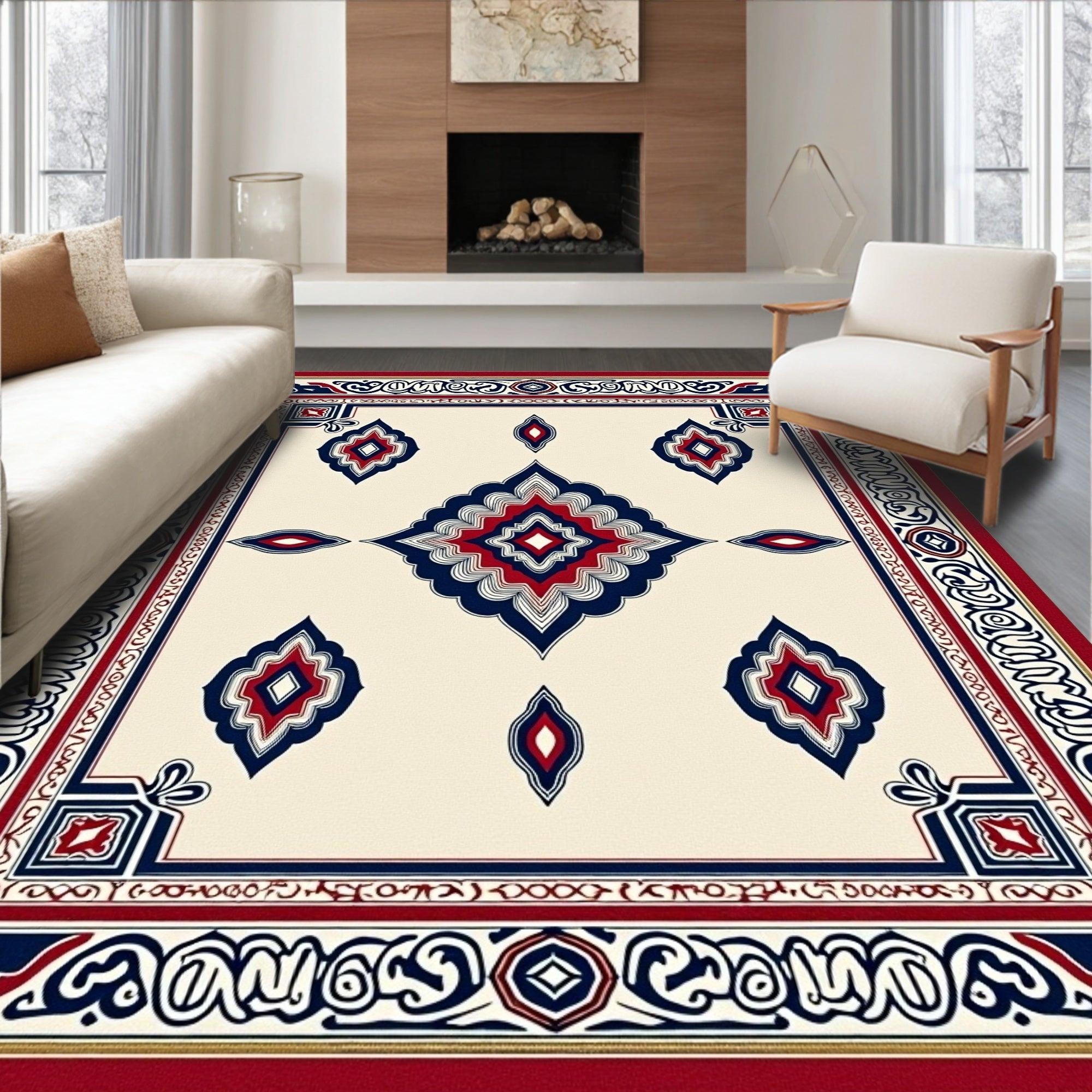Cream Red Blue Geometric Medallion Rug