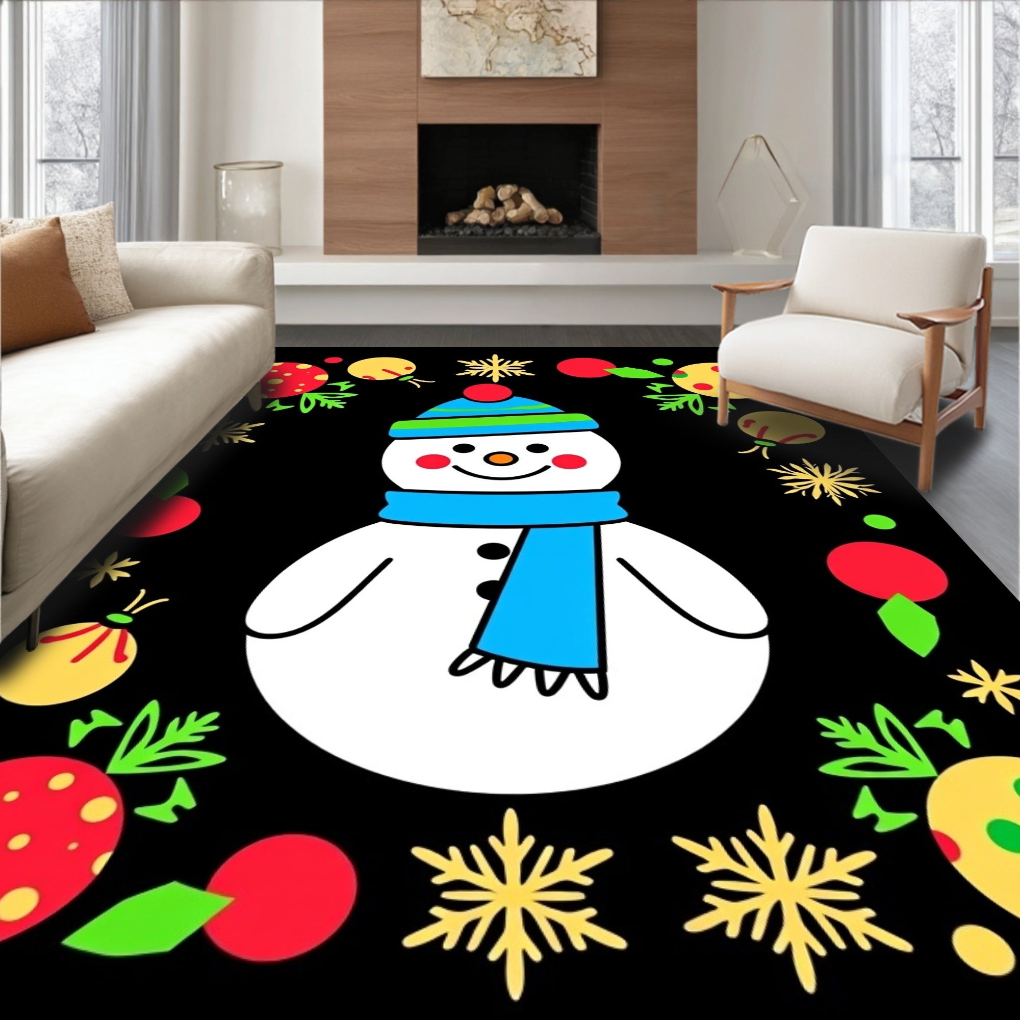 Cheery Snowman With Festive Ornaments Rug