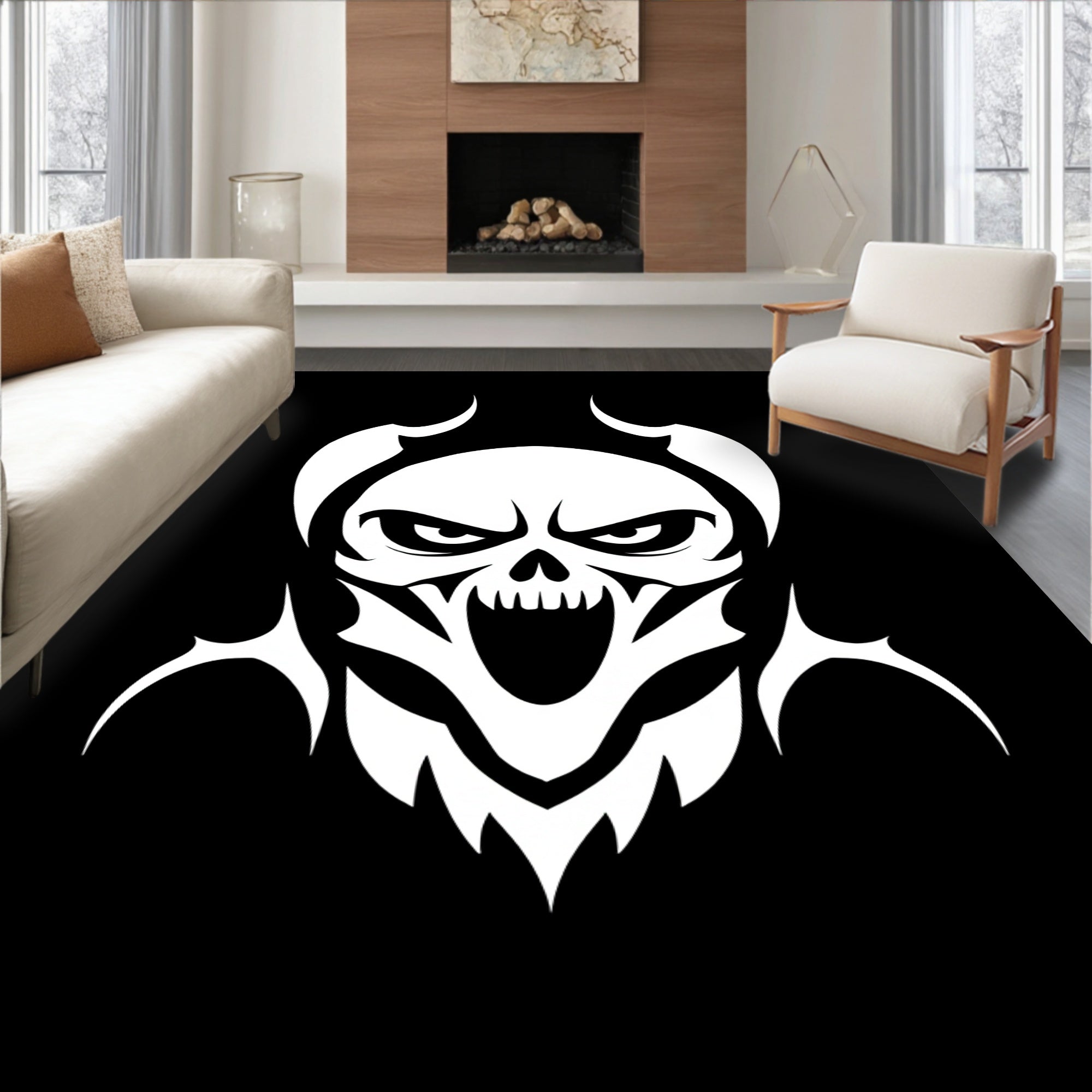 White Grimacing Skull Tribal Tattoo Rug