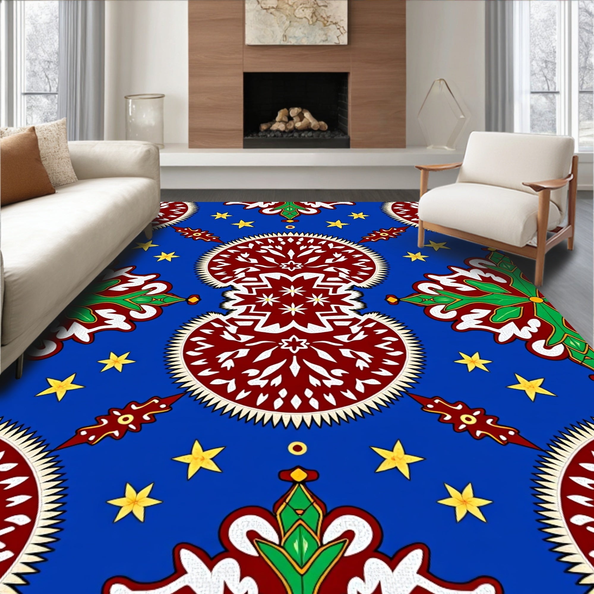 Vibrant Red Medallion Blue Star Scape Rug