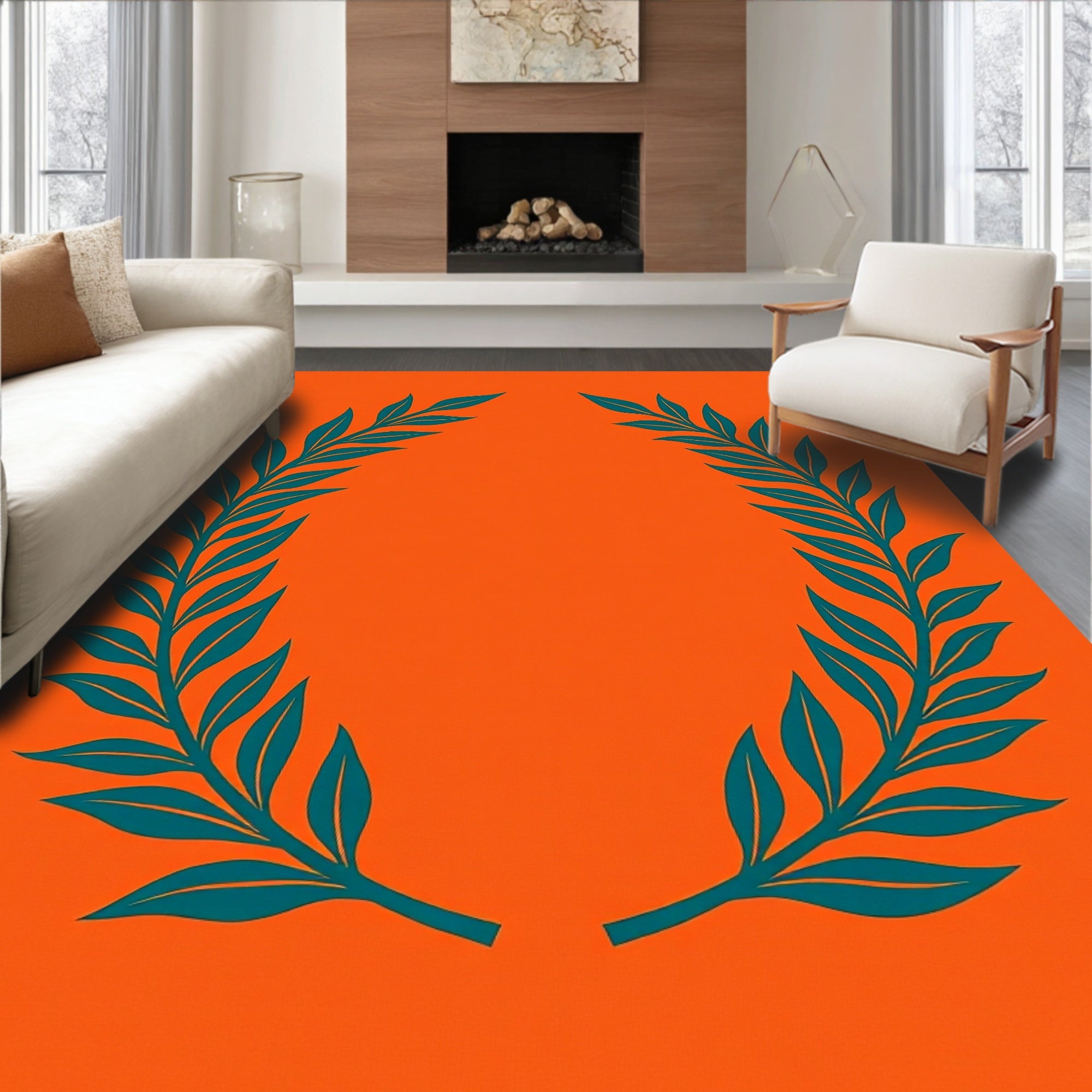 Orange Teal Laurel Wreath Accent Rug