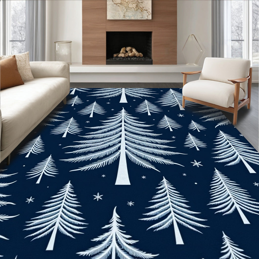 White Pine Trees on Navy Background Rug
