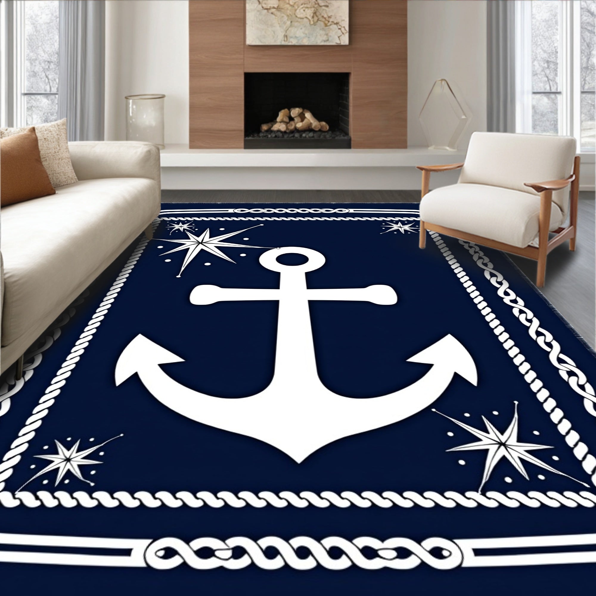 Navy White Nautical Anchor Starburst Rug