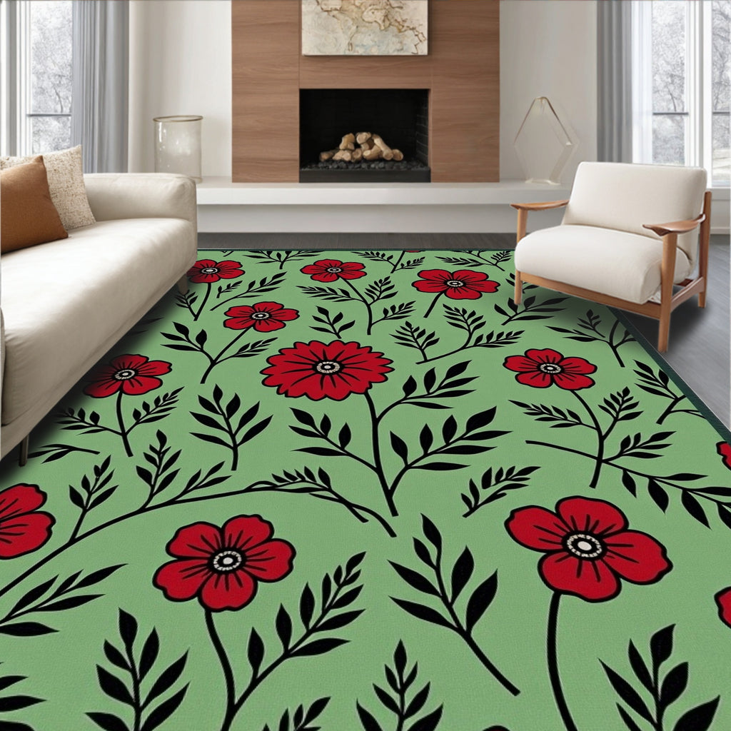 Red Floral Garland Green Background Rug