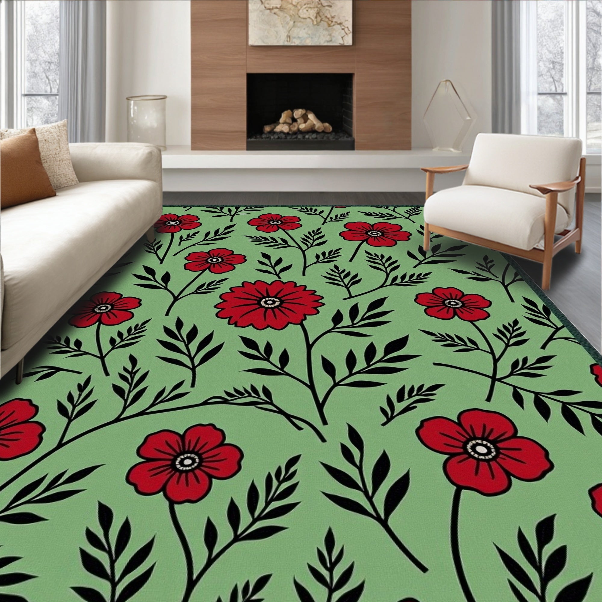 Red Floral Garland Green Background Rug