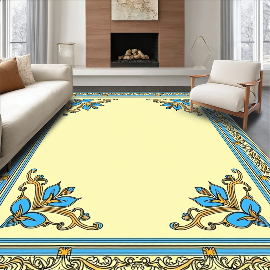 Classic Blue Golden Floral Border Rug