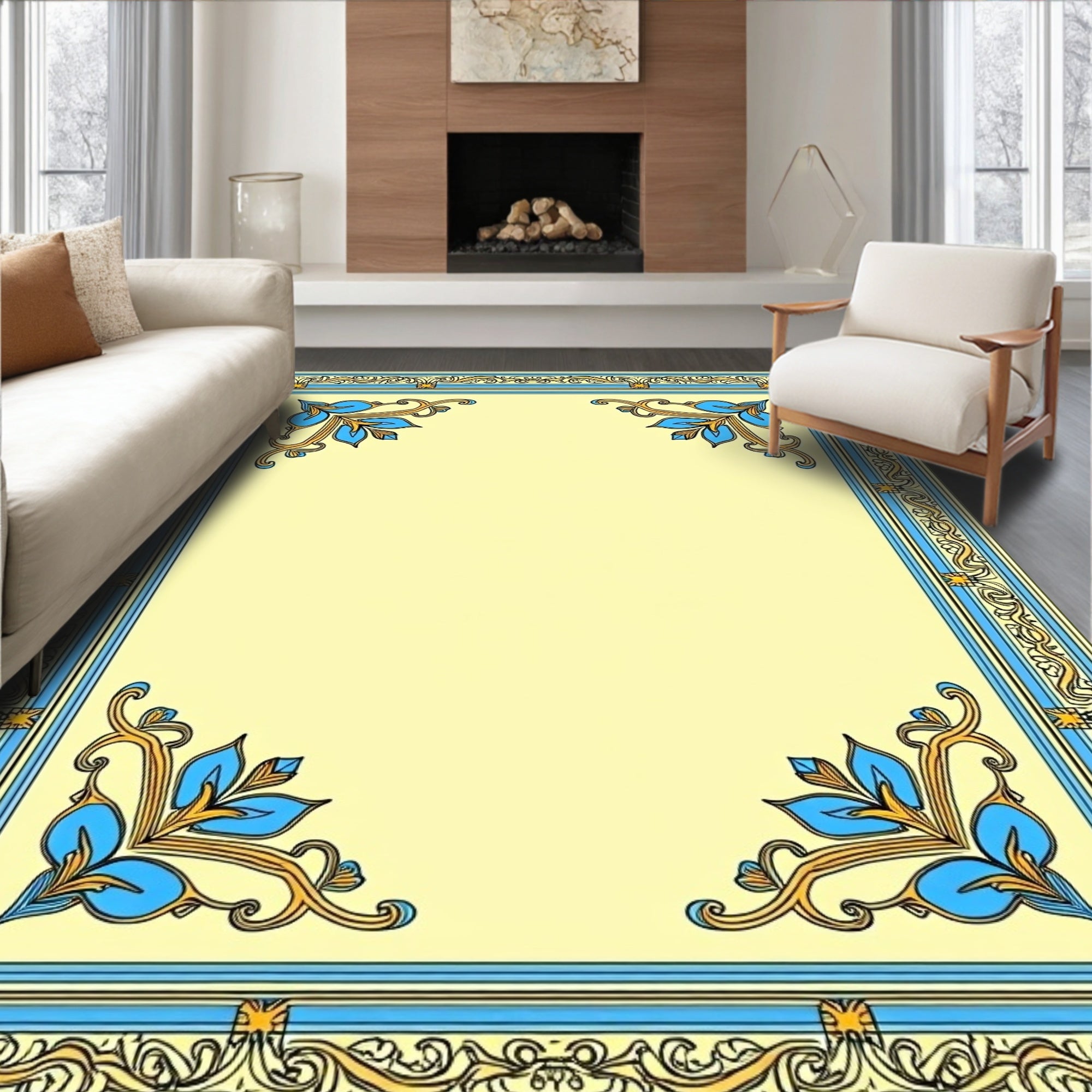 Classic Blue Golden Floral Border Rug