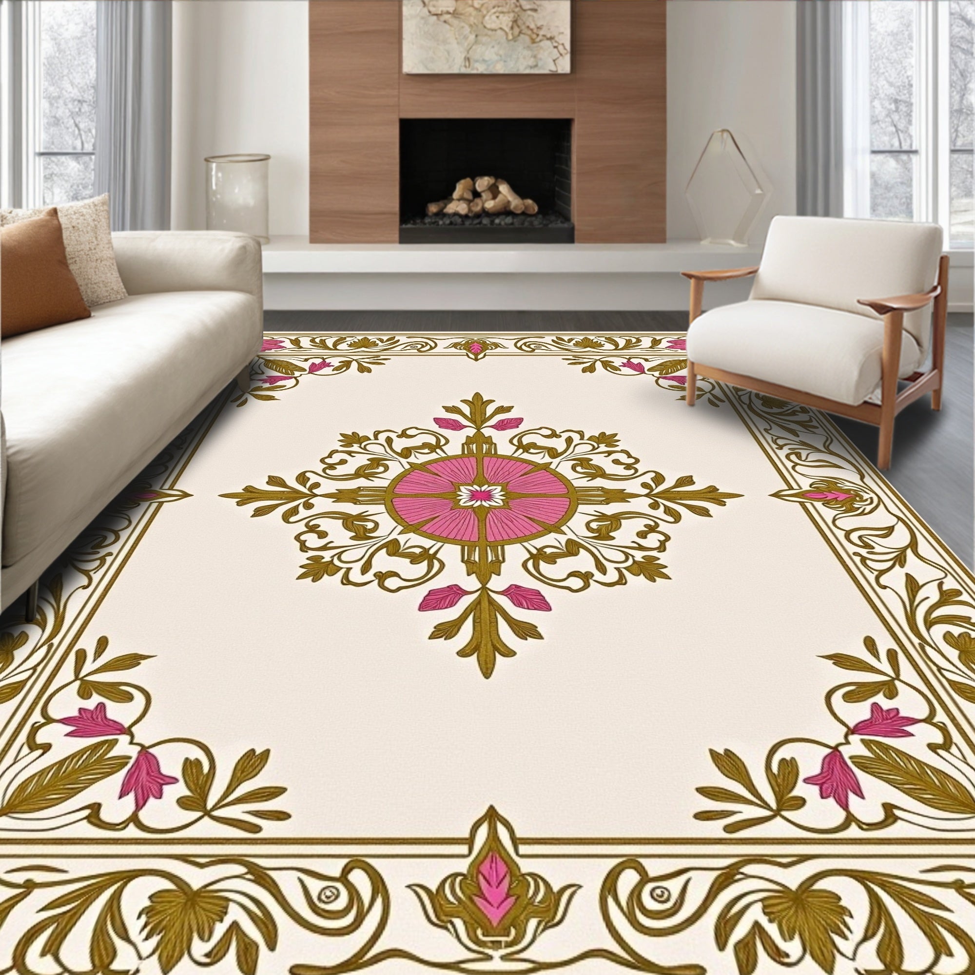 Ornate Pink Floral Gold Scroll Border Rug