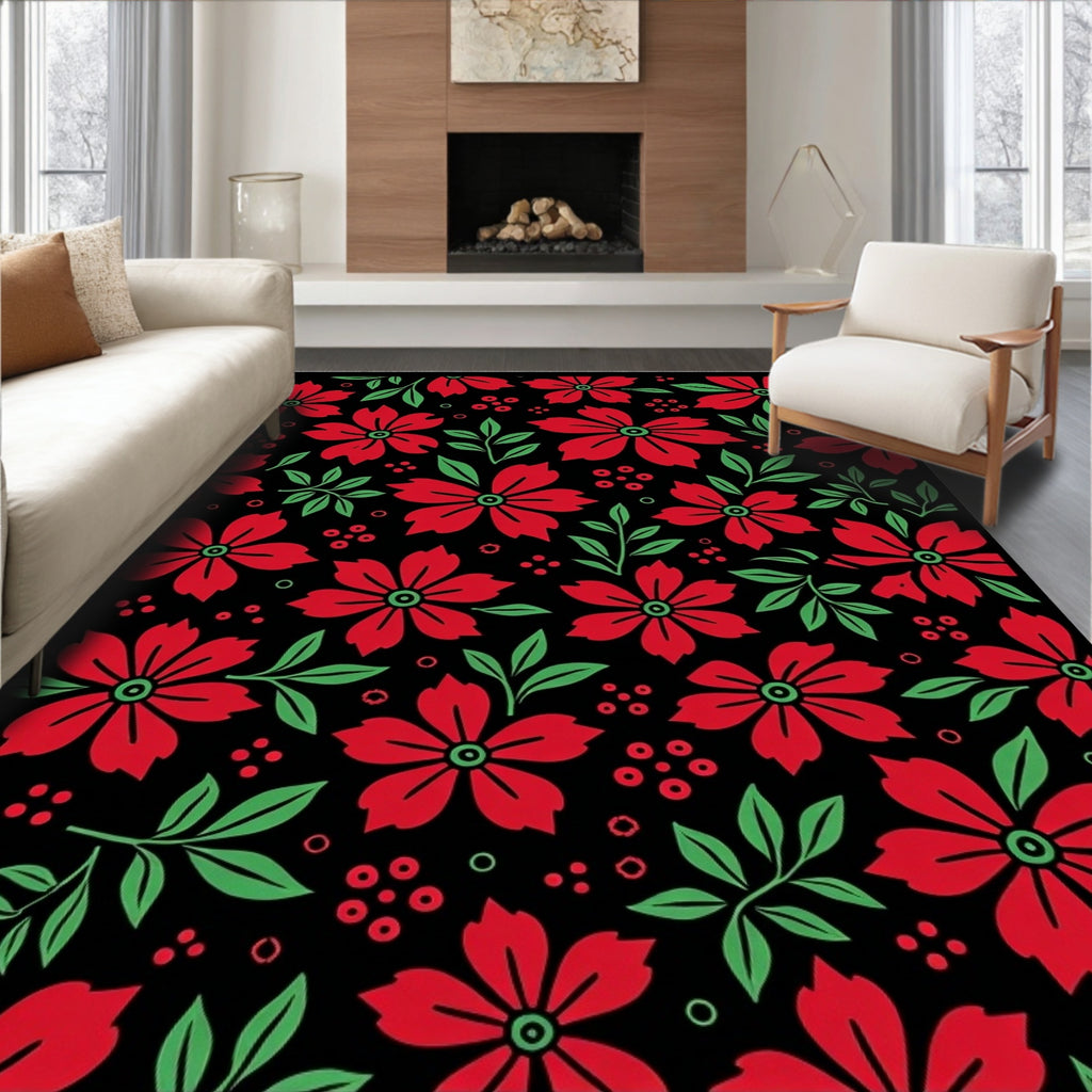 Bold Red Floral Garden Black Rug