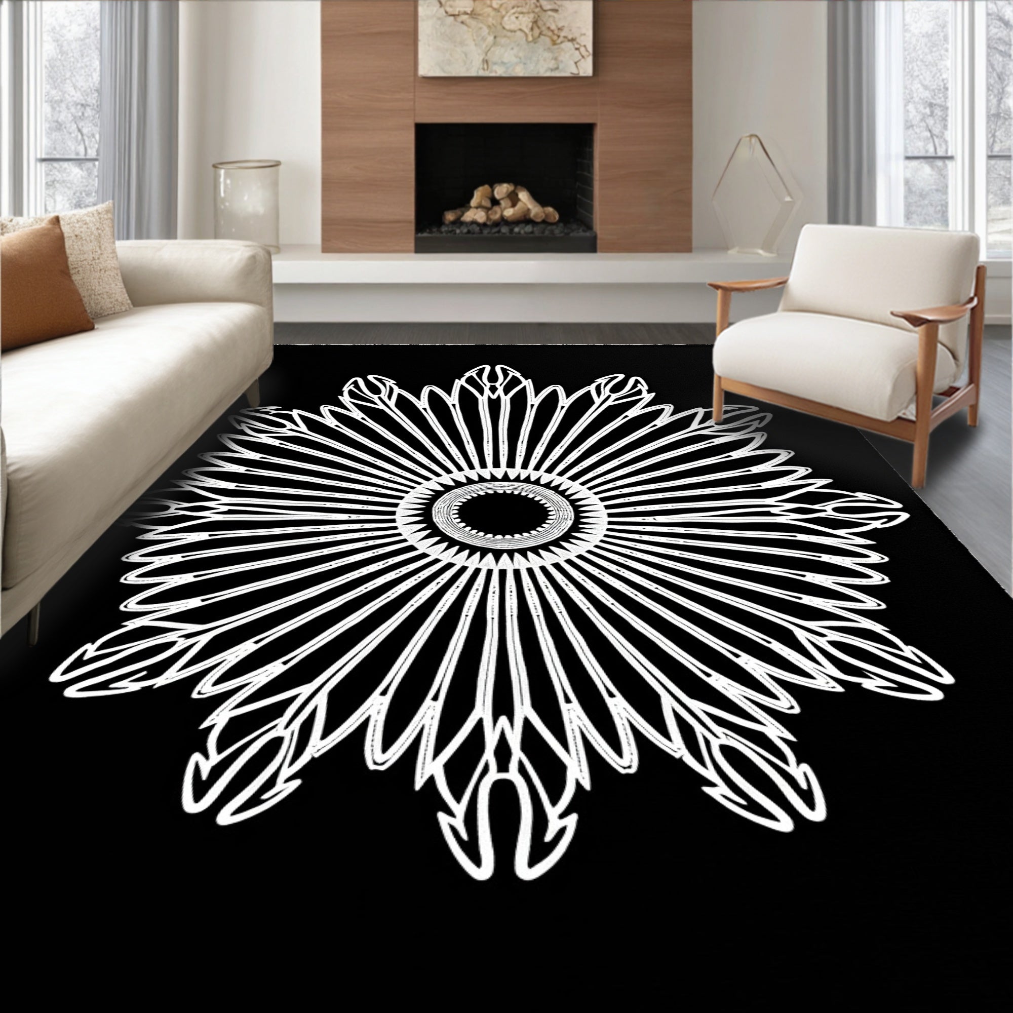 Bold White Sunburst Floral Black Rug