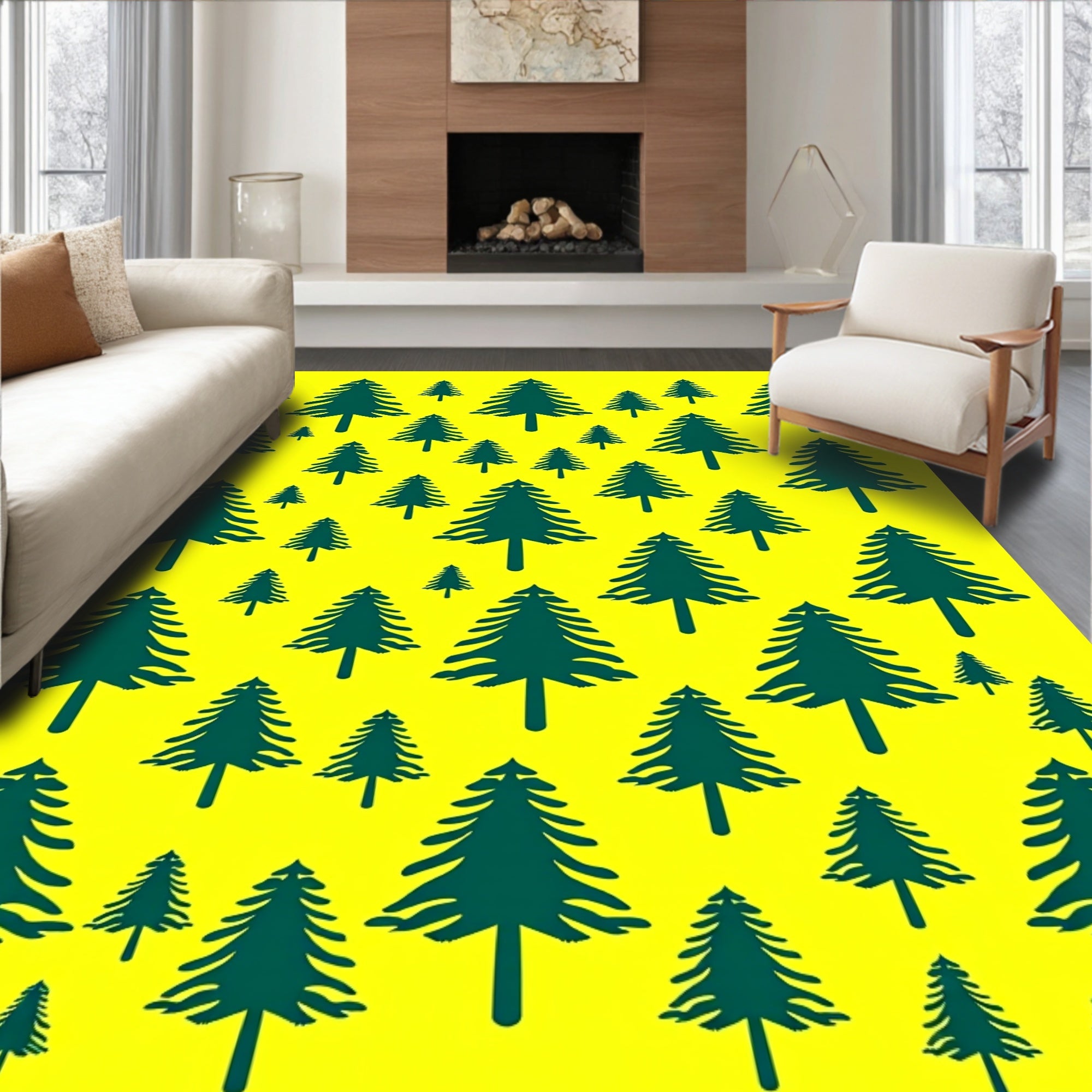Forest Green Pine Trees Yellow Background Rug