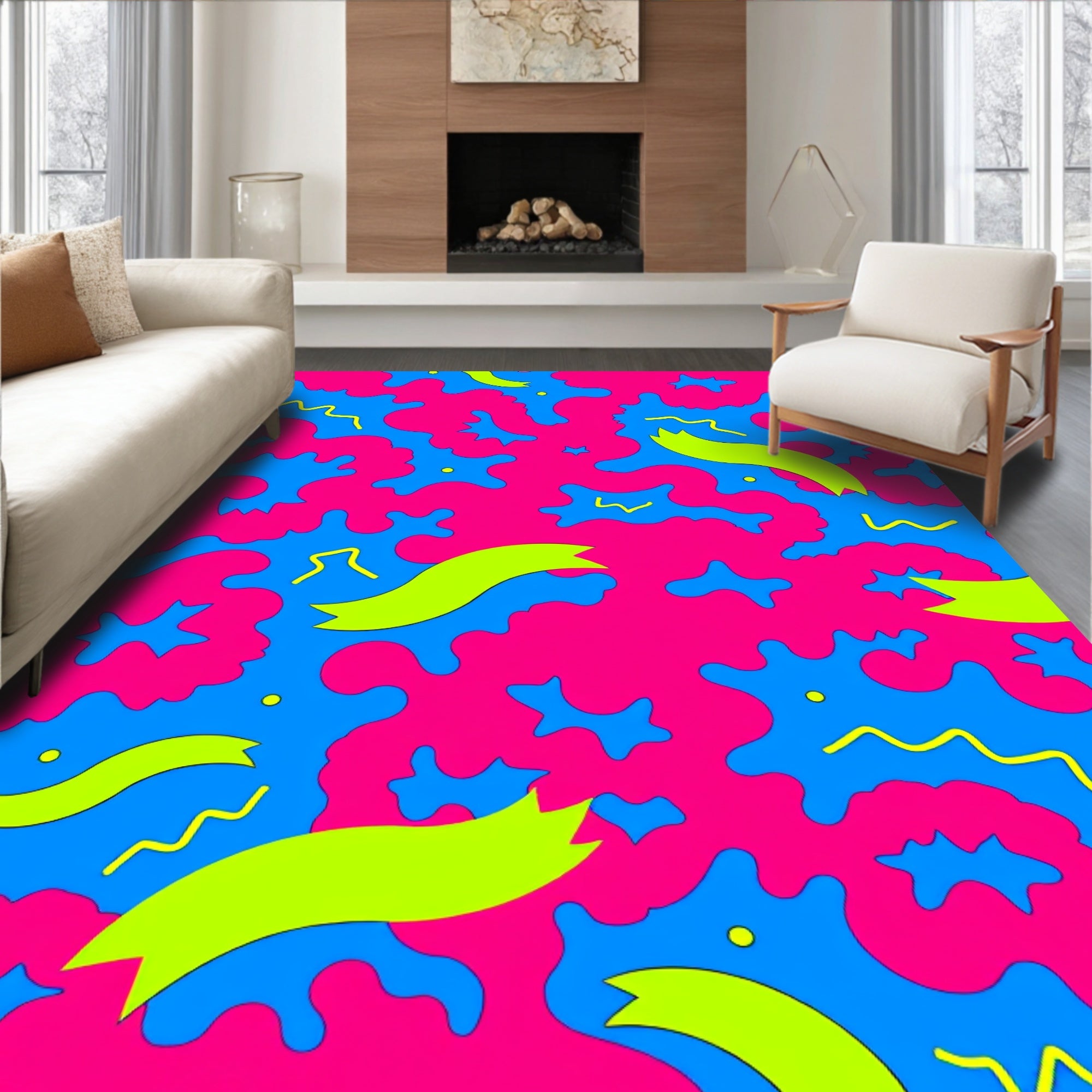 Vibrant Neon Ribbon Splatter Abstract Rug