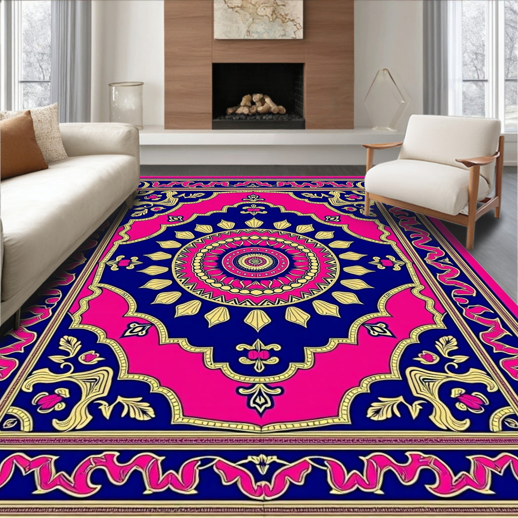 Vibrant Pink Blue Golden Mandala Rug