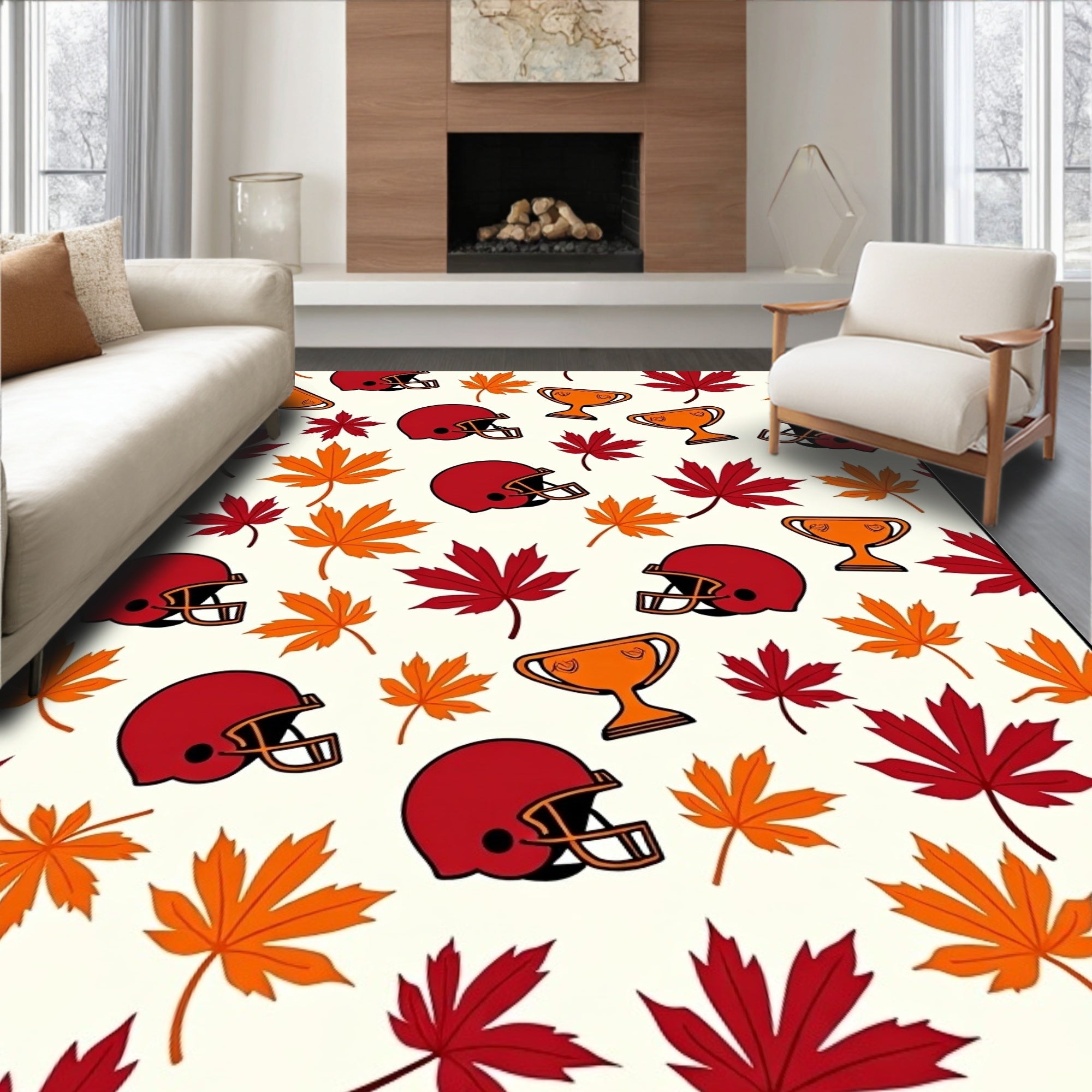 Red Helmets Orange Trophies Autumn Leaves Rug