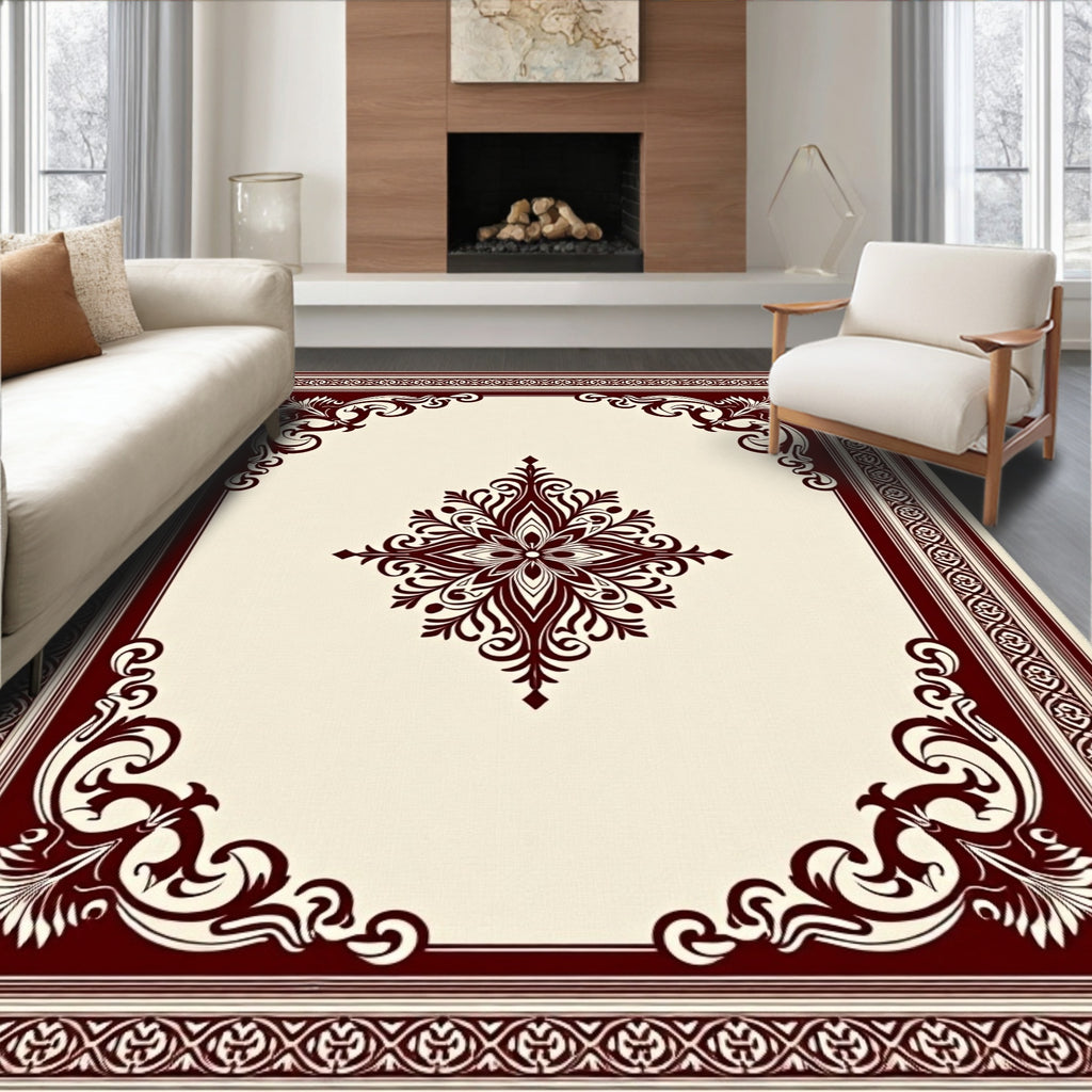 Elegant Burgundy Floral Medallion Border Rug