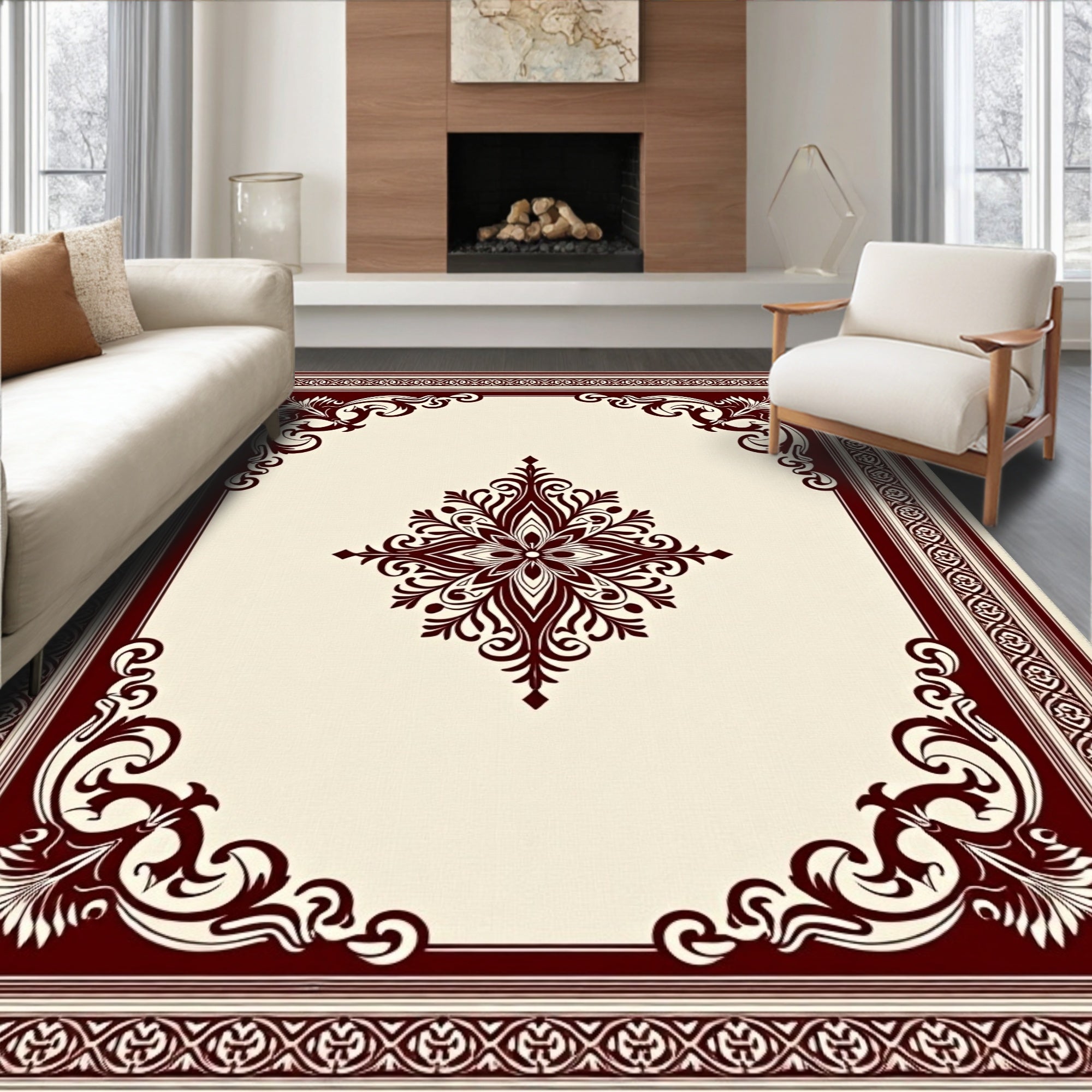 Elegant Burgundy Floral Medallion Border Rug