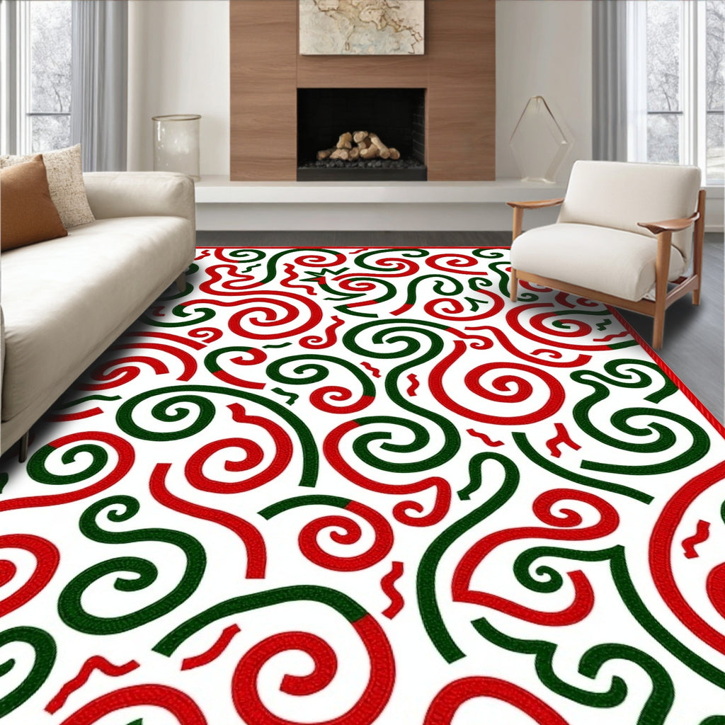 Red Green Swirl Abstract Ribbon Rug