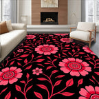 Bold Pink Floral Swirls On Black Rug