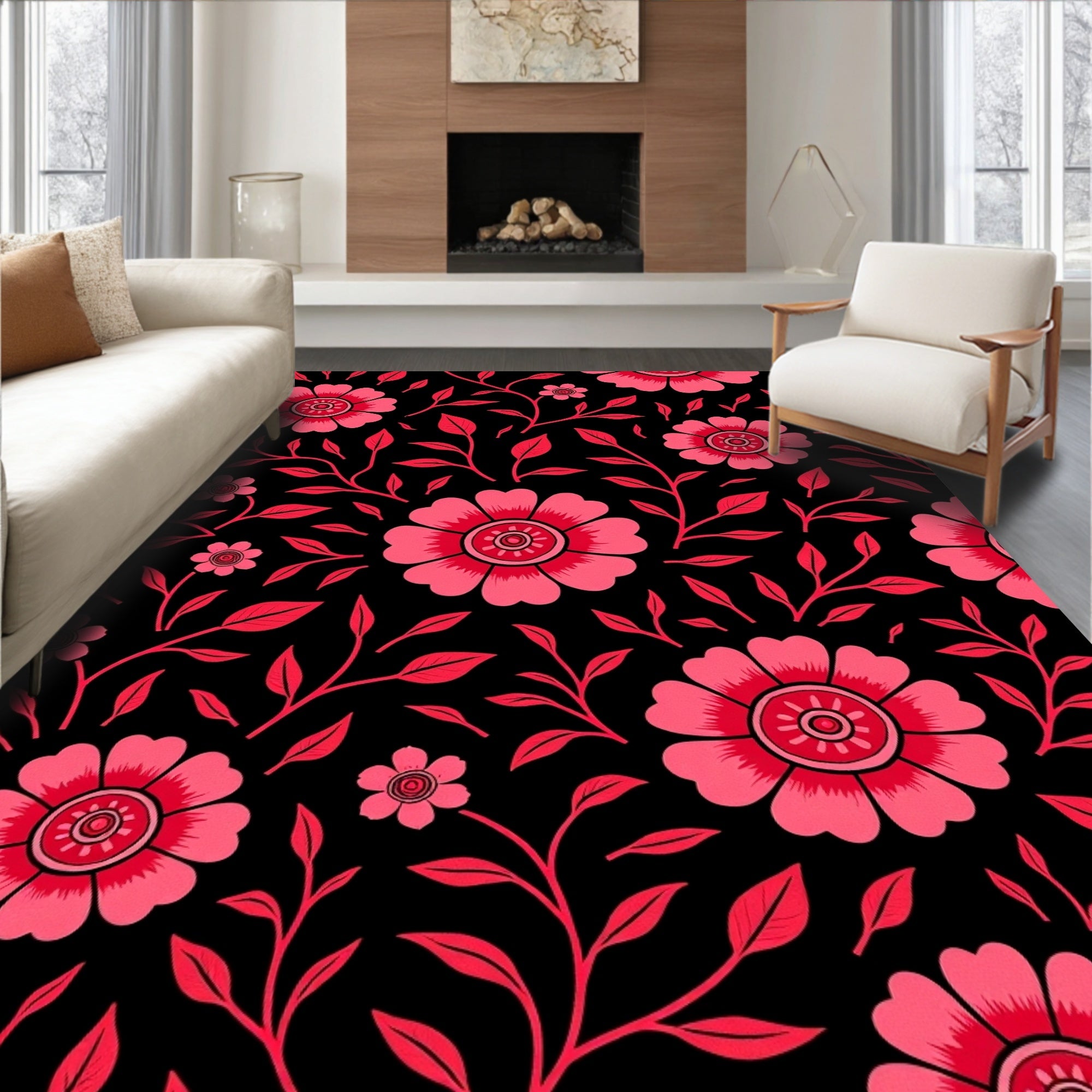 Bold Pink Floral Swirls On Black Rug