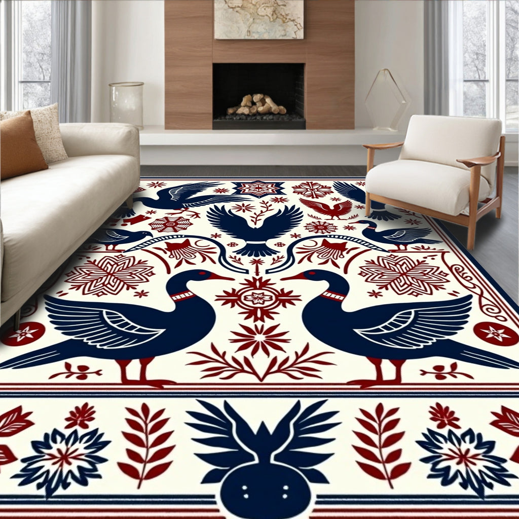 Navy Crimson Folk Art Birds Rug