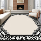 Ornate Black and Cream Scroll Border Rug