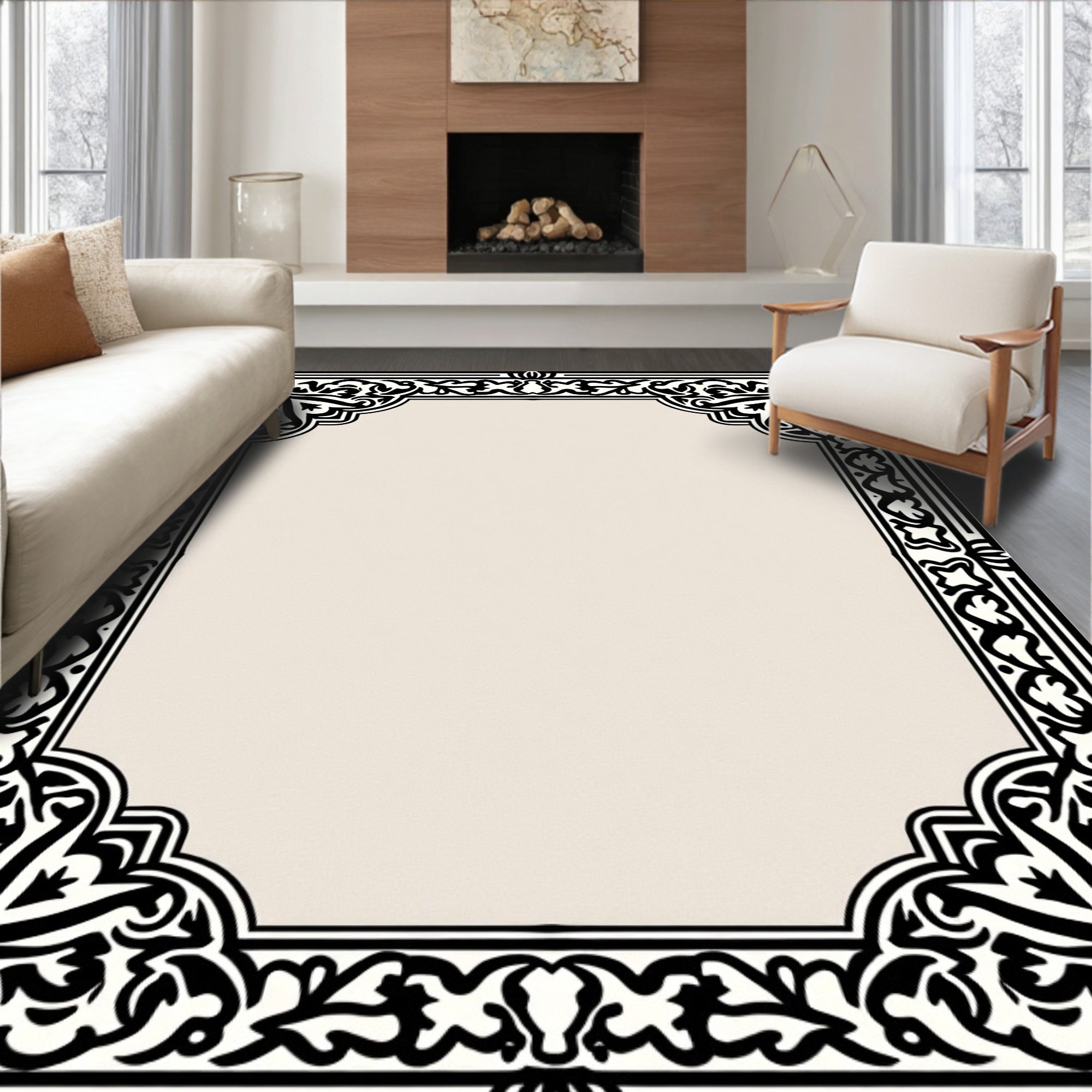 Ornate Black and Cream Scroll Border Rug