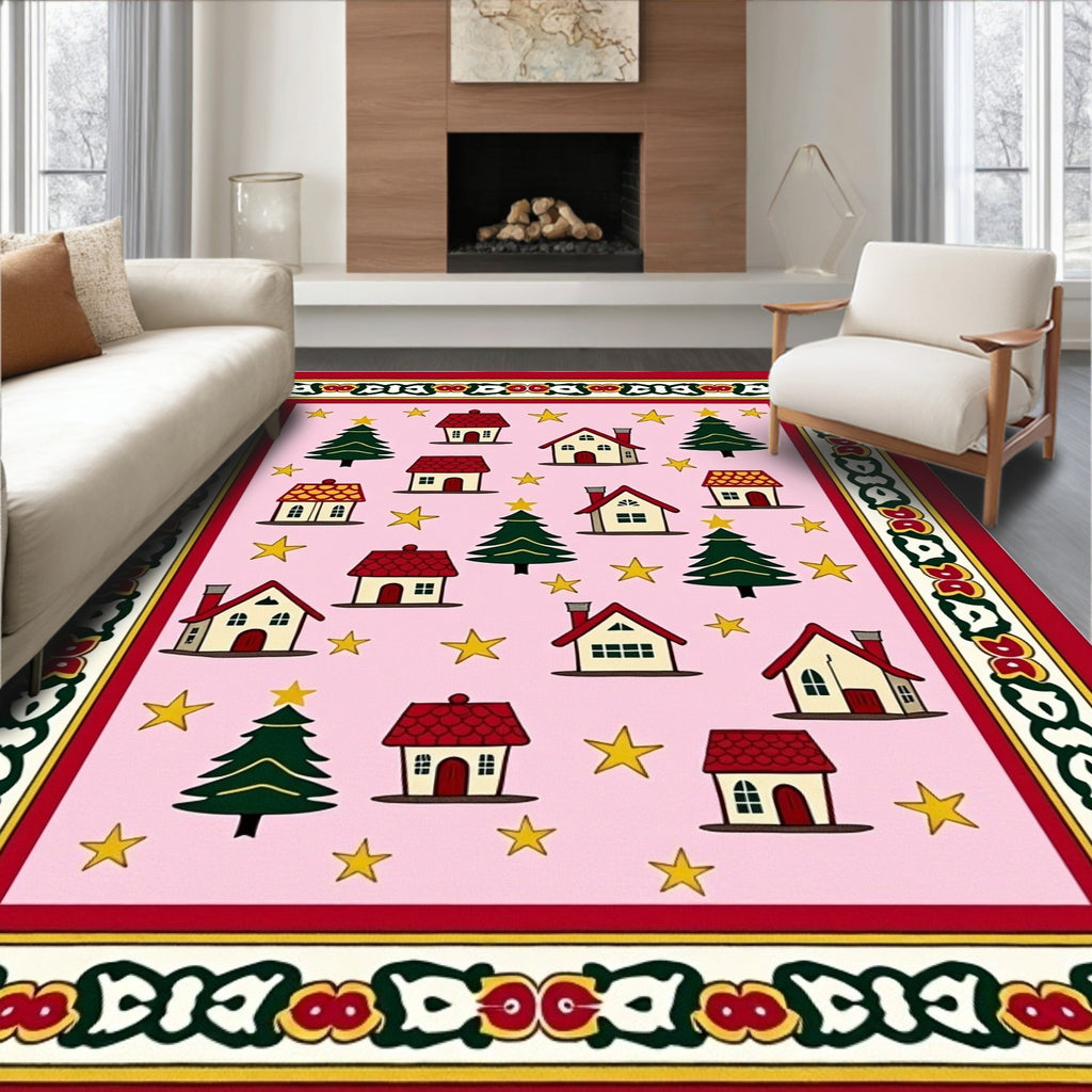 Pink Christmas Village Stars Houses Rug