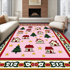 Pink Christmas Village Stars Houses Rug