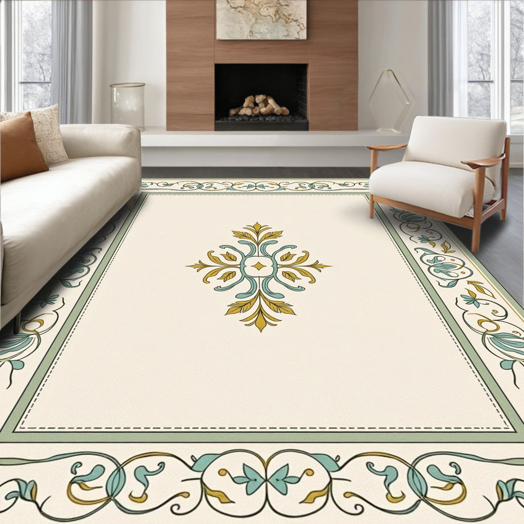 Ornate Cream Teal Golden Scroll Rug