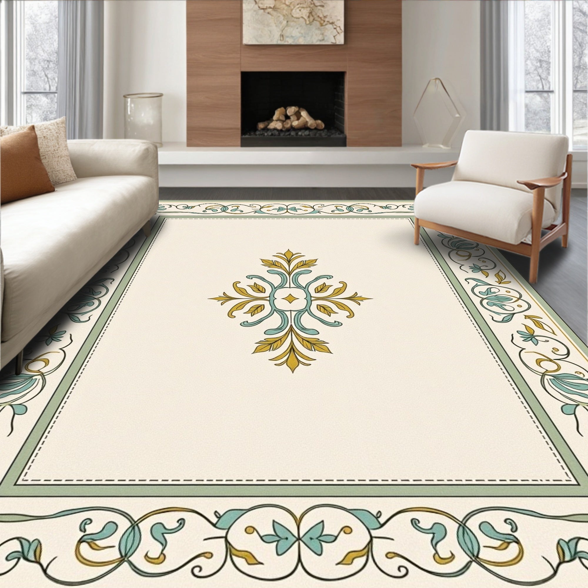 Ornate Cream Teal Golden Scroll Rug