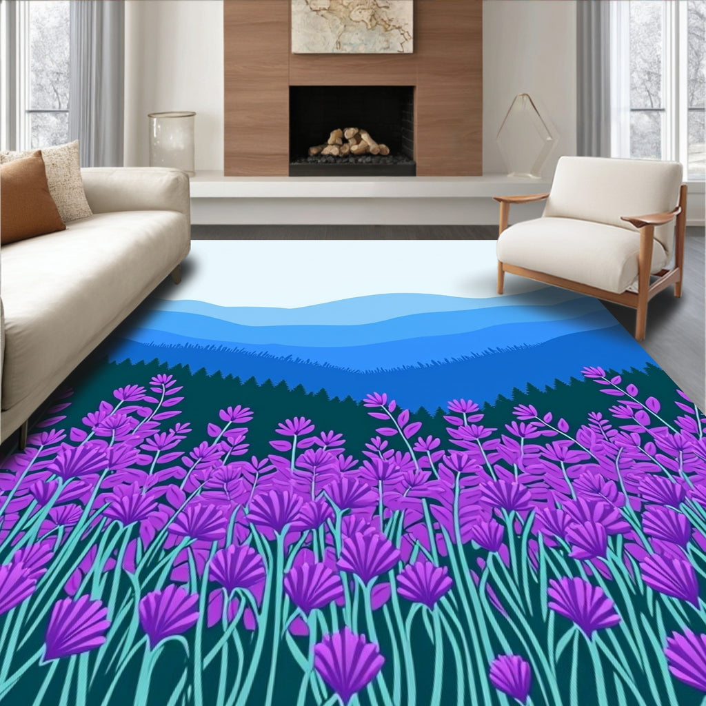 Purple Lavender Field Mountain Scene Rug