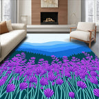 Purple Lavender Field Mountain Scene Rug