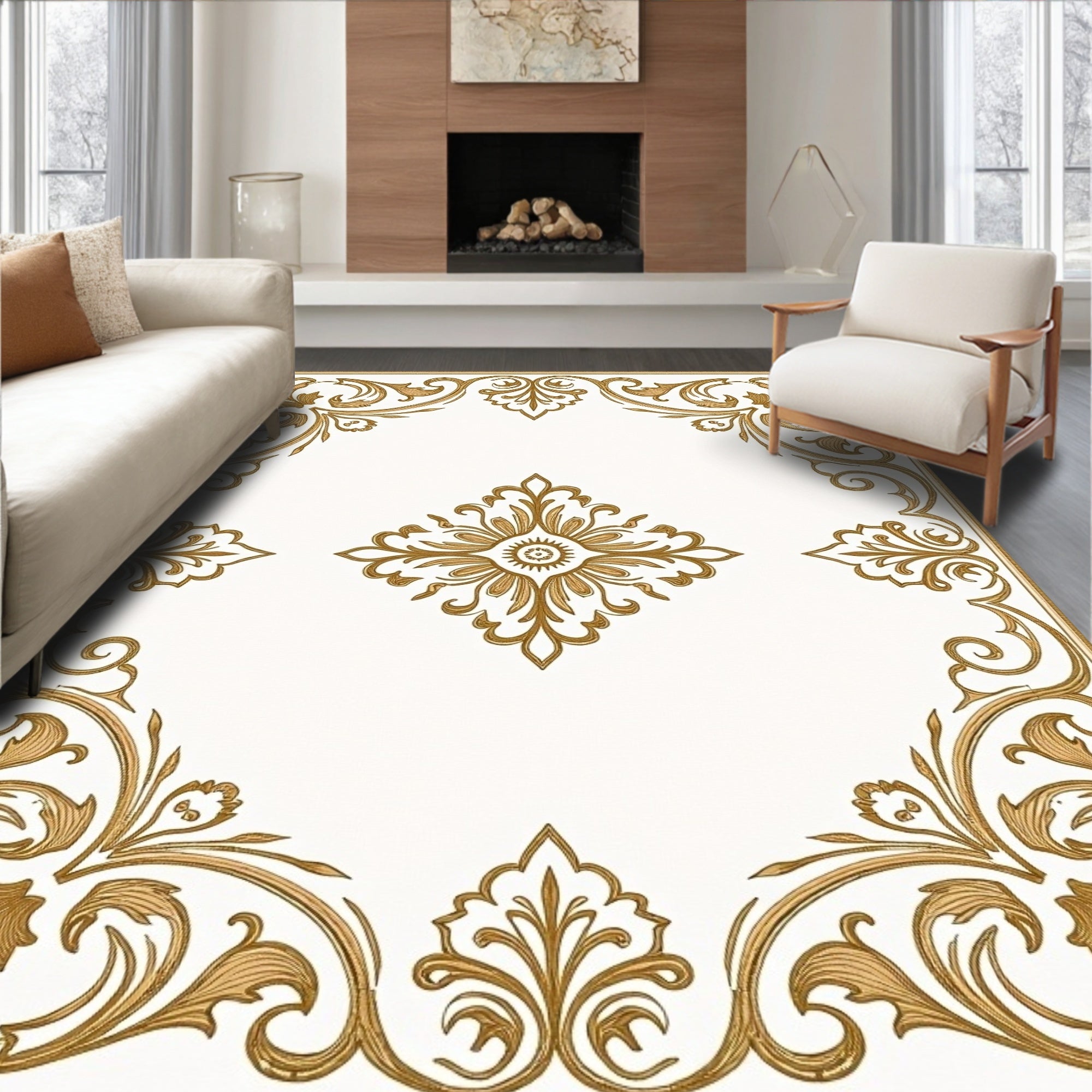 Golden Vine Scroll Medallion Rug