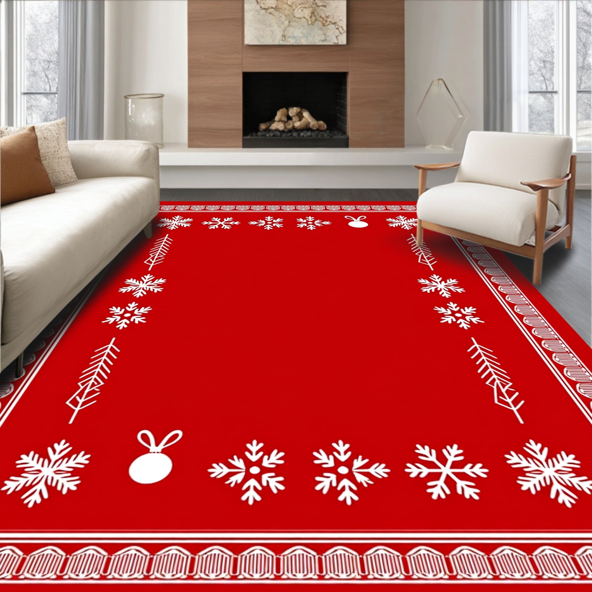 Festive Red Snowflake Ornament Border Rug