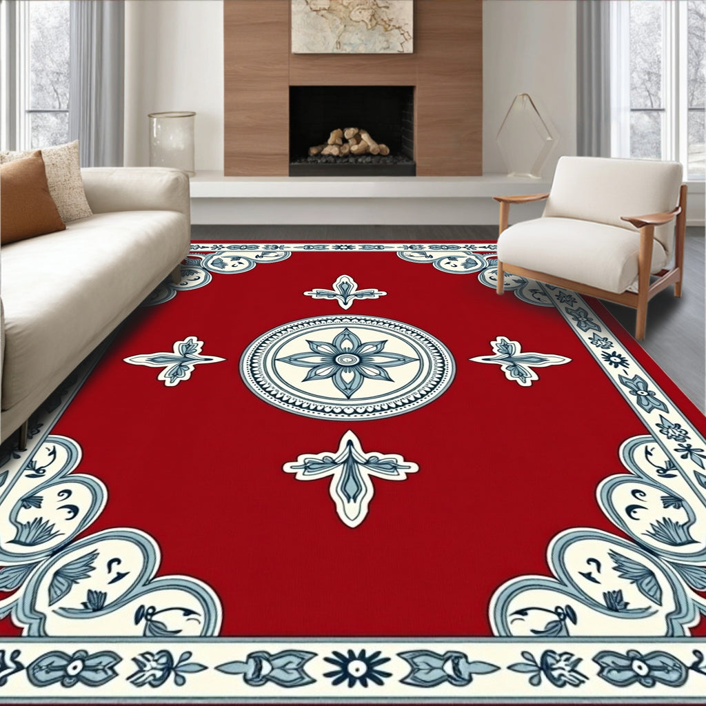 Symmetrical Crimson Floral Corner Accents Rug