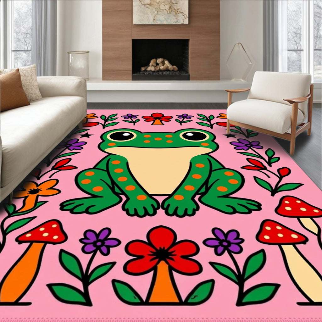 Whimsical Pink Frog Mushroom Floral Rug