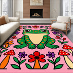 Whimsical Pink Frog Mushroom Floral Rug