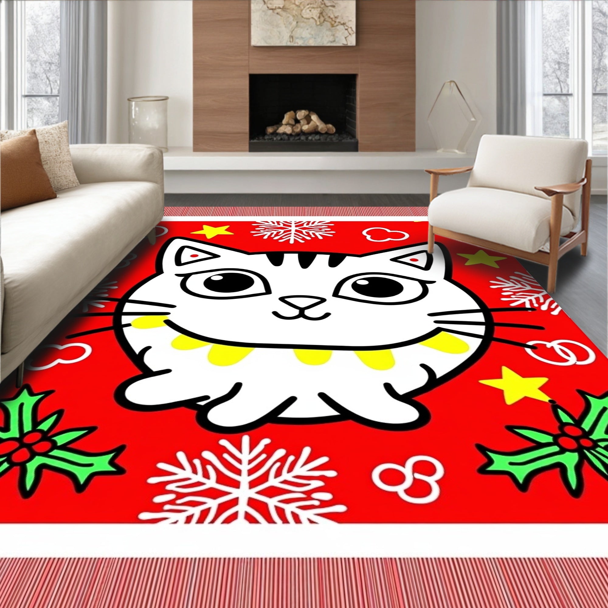 Cute White Christmas Cat Holly Snowflakes Rug