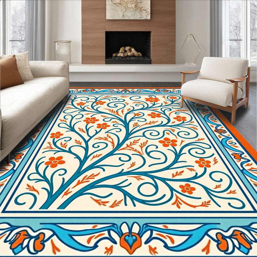 Orange Blue Floral Tree Border Rug