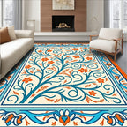 Orange Blue Floral Tree Border Rug