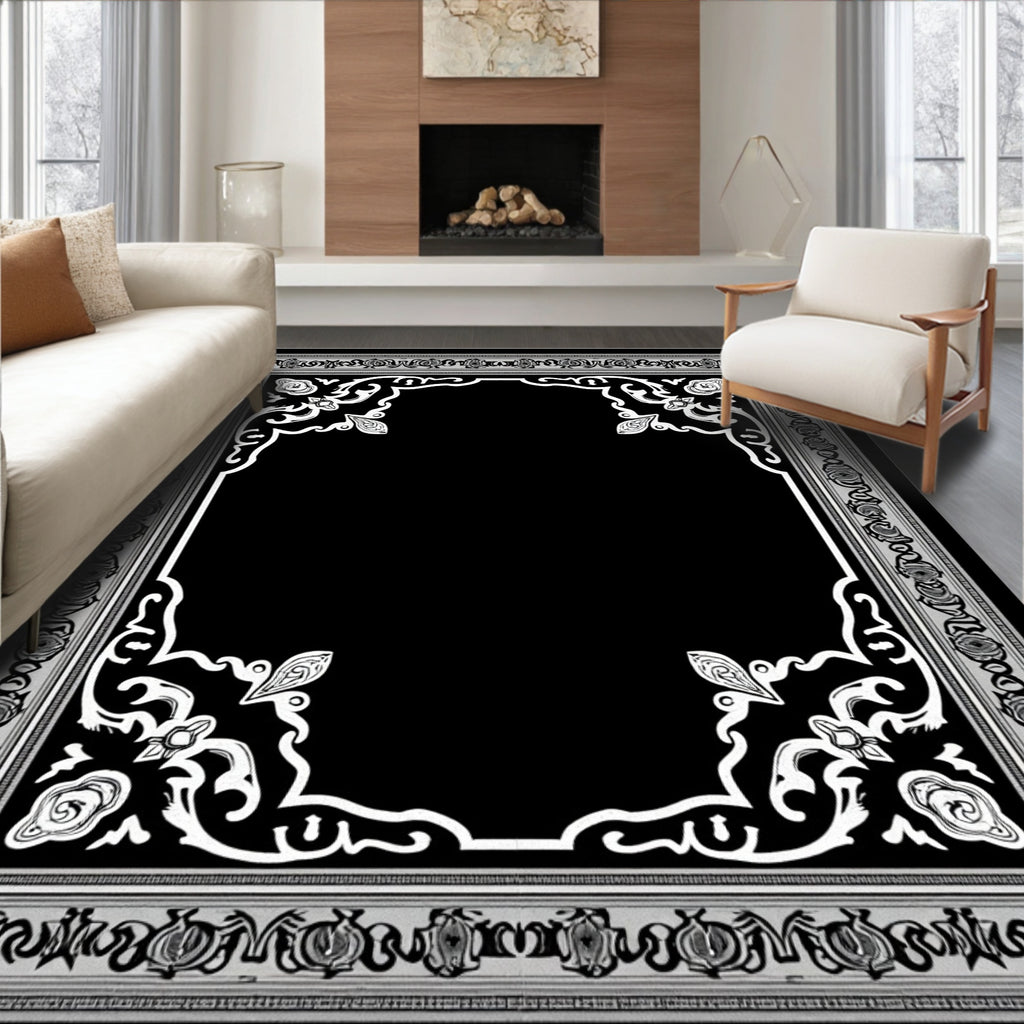 Ornate Black Floral Medallion Border Rug