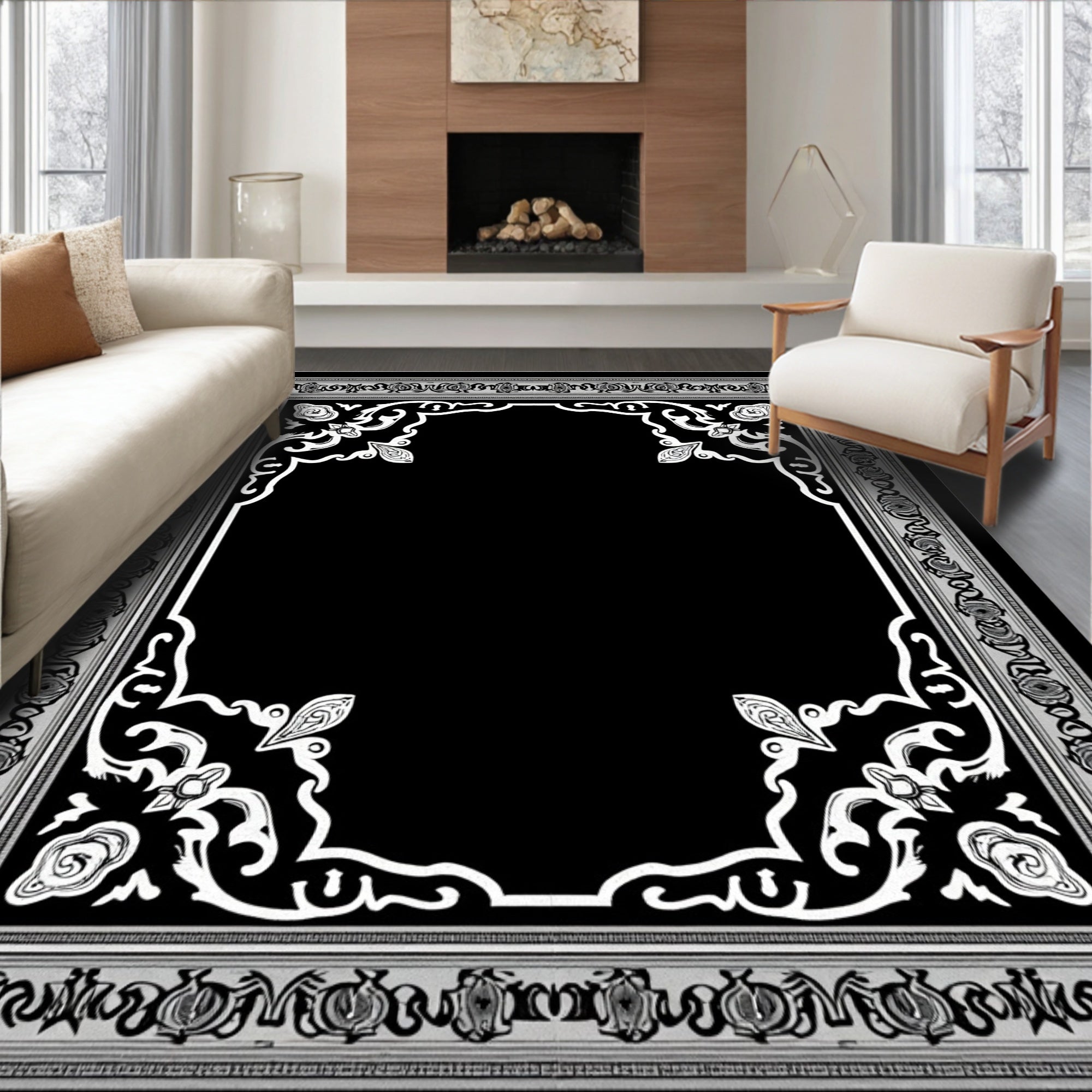Ornate Black Floral Medallion Border Rug