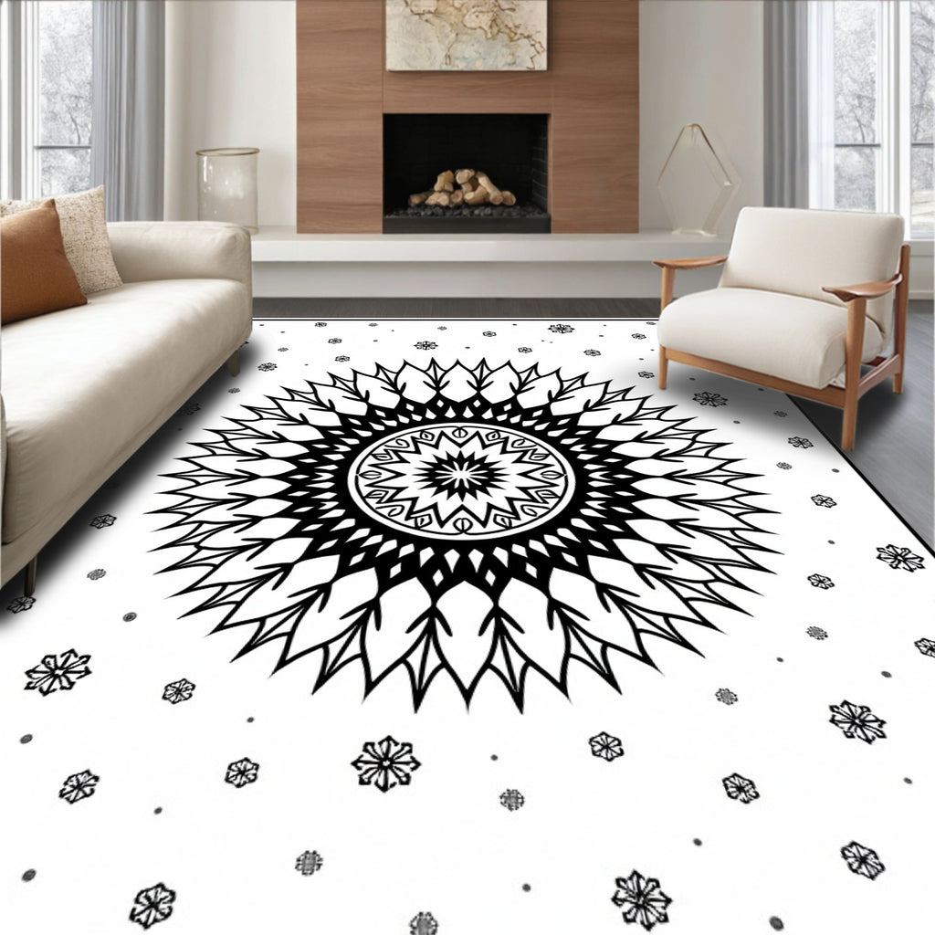 Black White Snowflake Mandala Rug