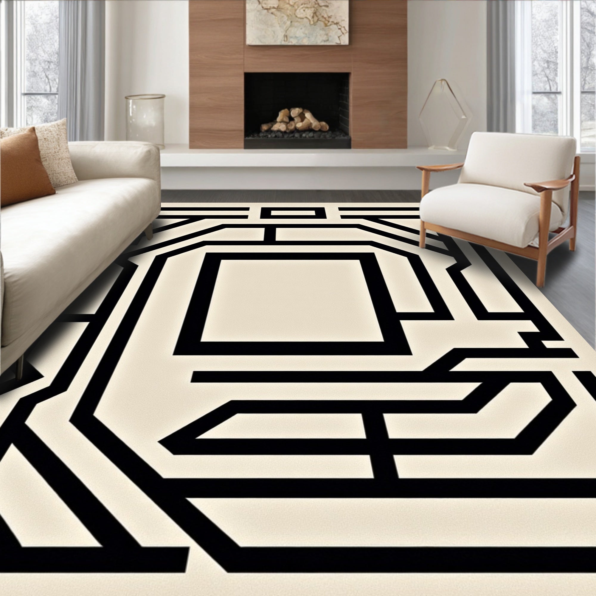 Bold Black Geometric Maze Rug