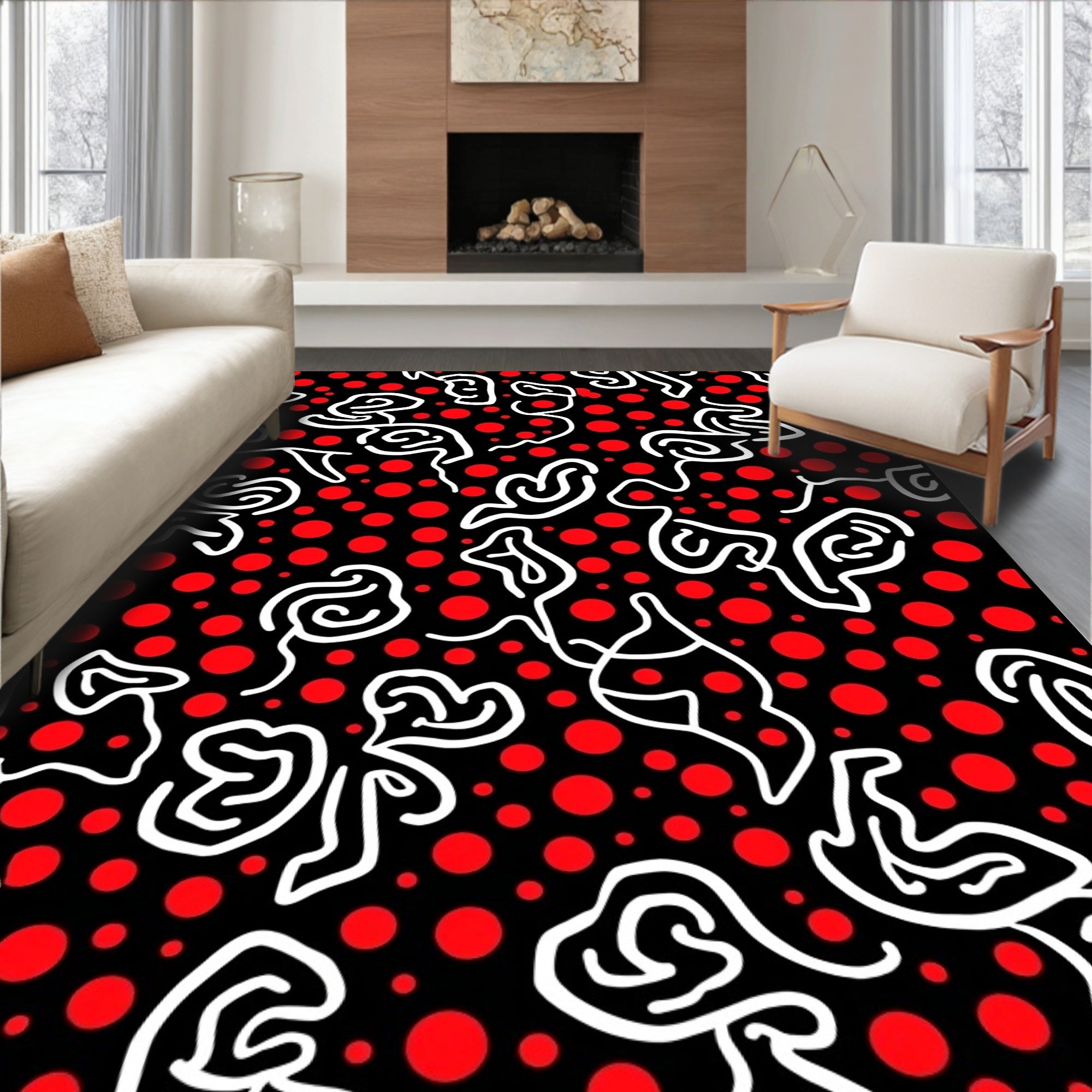 Black Red White Abstract Continuous Line Rug