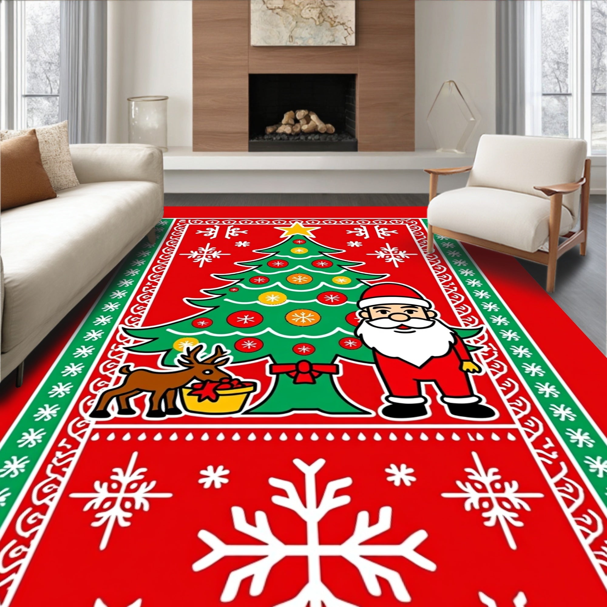 Red Christmas Tree Santa Reindeer Snowflakes Rug