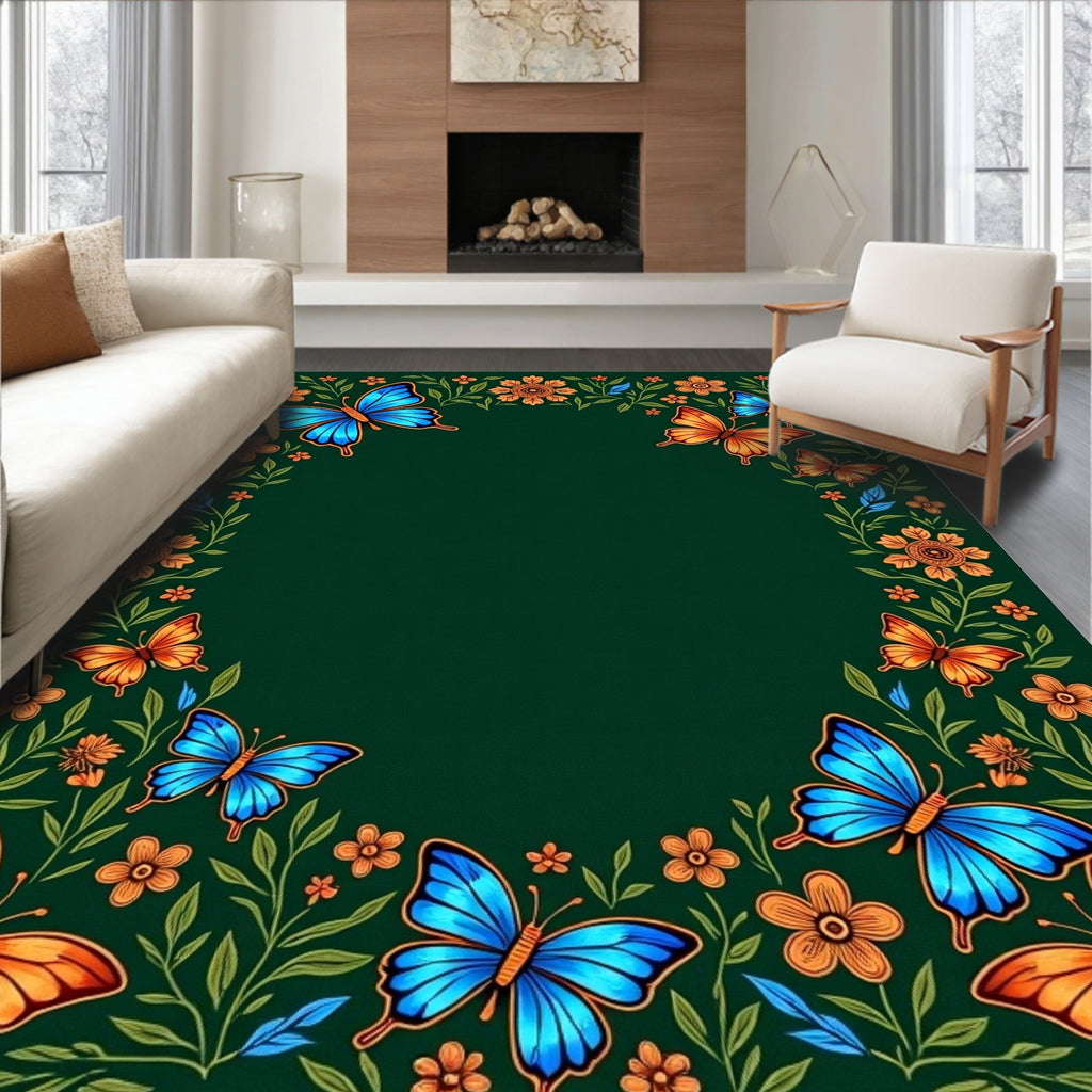 Emerald Green Butterfly Floral Wreath Rug