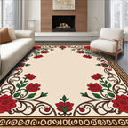 Red Rose Vine Border Cream Rug